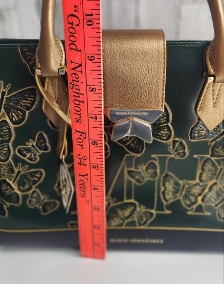 Mario Hernadez Green and Gold Floral Tote Bag with Gold Handles - Picture 3 of 16